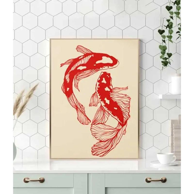 Unframed Vintage Red Koi Fish Posters Canvas Painting Retro 2pcs Aesthetic Wall Art for Home Living Room Office Decor