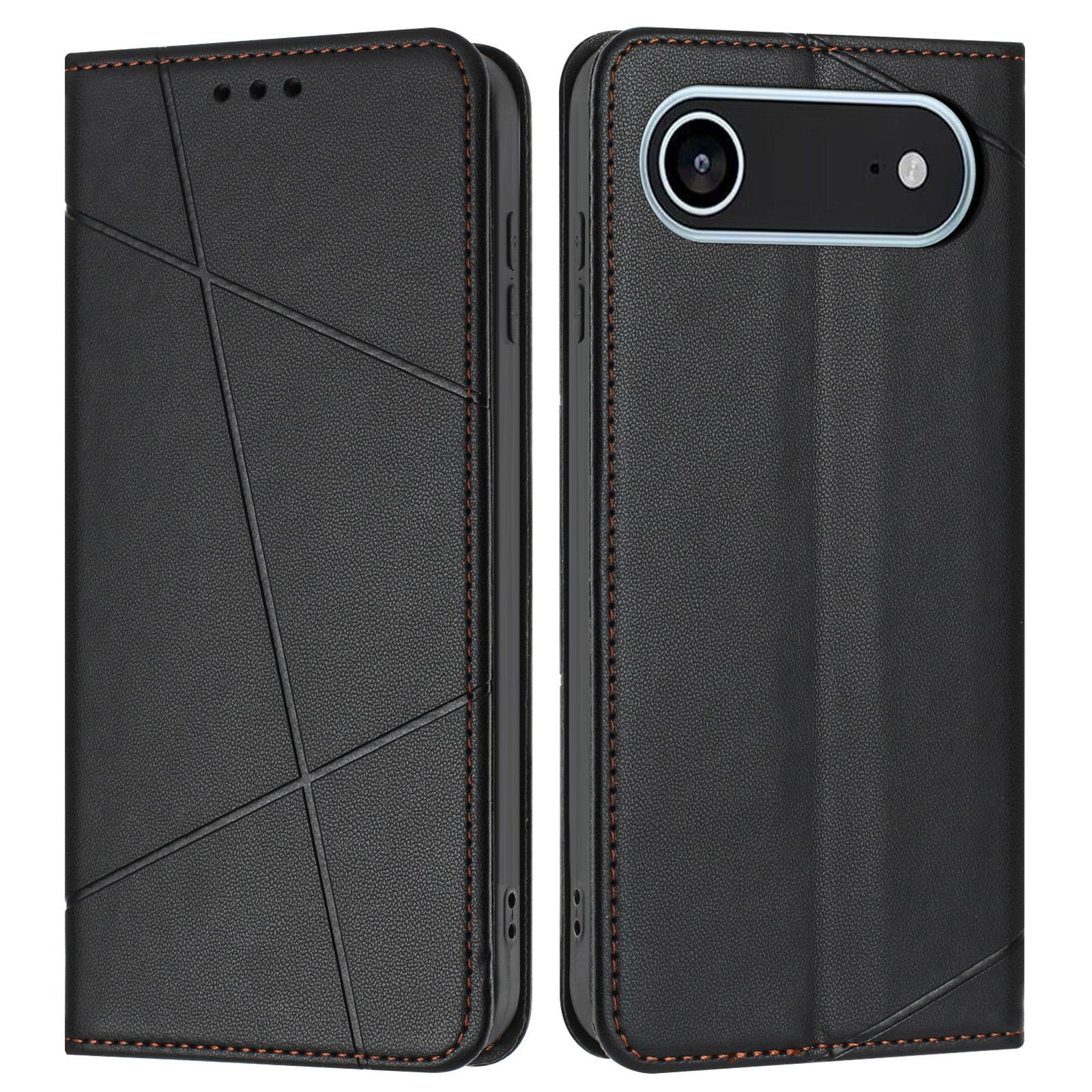 

For iPhone 17 Air Wallet Case Line Imprinted Leather Stand Phone Cover with Wrist Strap Black
