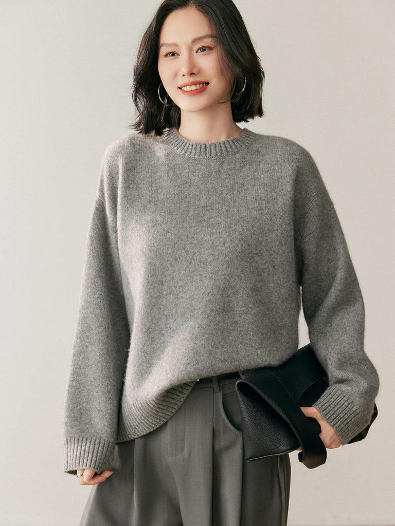 Autumn Winter Cashmere Knit Base Layer: Pure Color Round Neck, Loose Silhouette, Slimming, Soft & Smooth.