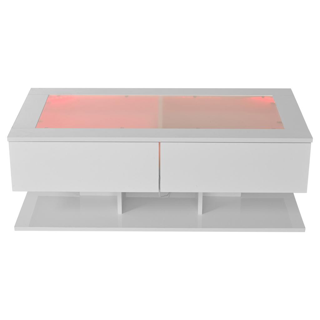 100*50*35cm Coffee Table, High Gloss Sofa Table, Living Room Table with Drawers, Coffee Table with LED Light, Glass Top, White