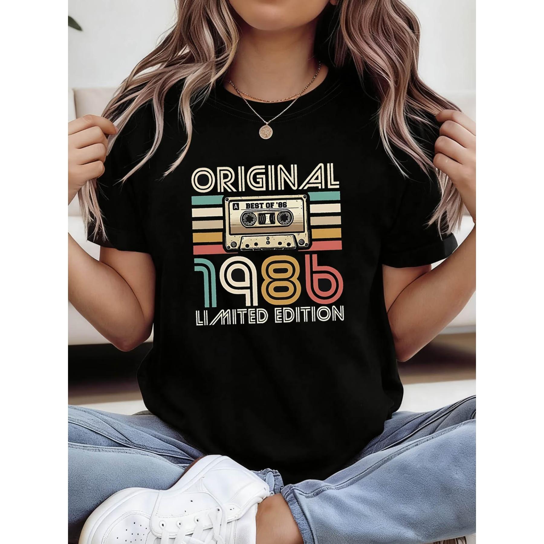 

1986 LIMITED EDITION Letter Print T-shirt, Short Sleeve Crew Neck Casual Top for Summer & Spring, Women s Clothing XXL чорний