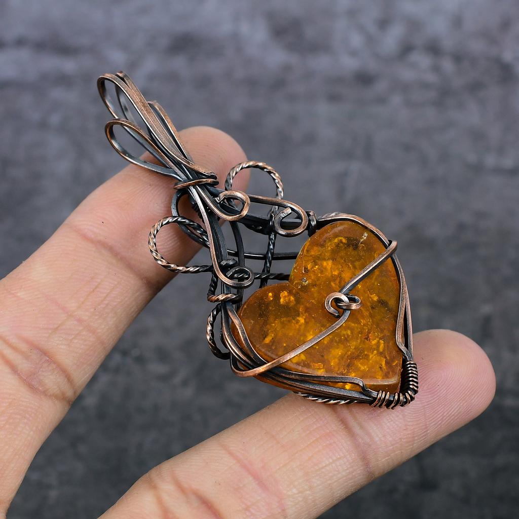 Amber Handmade Copper Wire Wrap Jewelry Pendant 2.96" S1n34