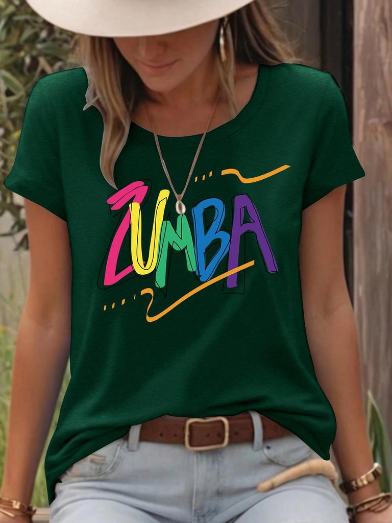 Damen Buntes ZUMB Print Locker Geschnittenes Kurzarm T-Shirt