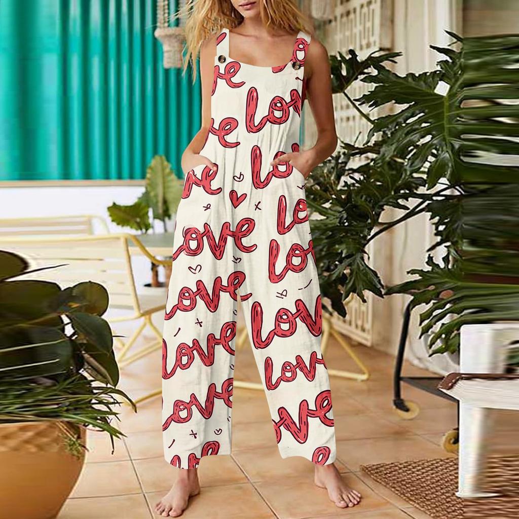 Damen Herzförmiger Print Lässige Lockere Retro Overalls Baumwolle und Leinen Einteiler Hose