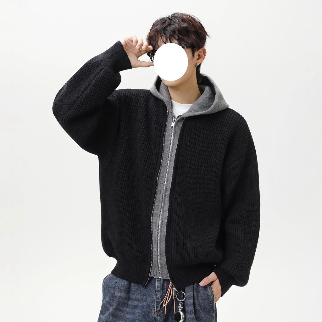 New Lazy Wind Fake Two-piece Cardigan Hooded Sweater Men's Autumn and Winter New Retro Trendy Brand Knitted Sweater Jacket Top