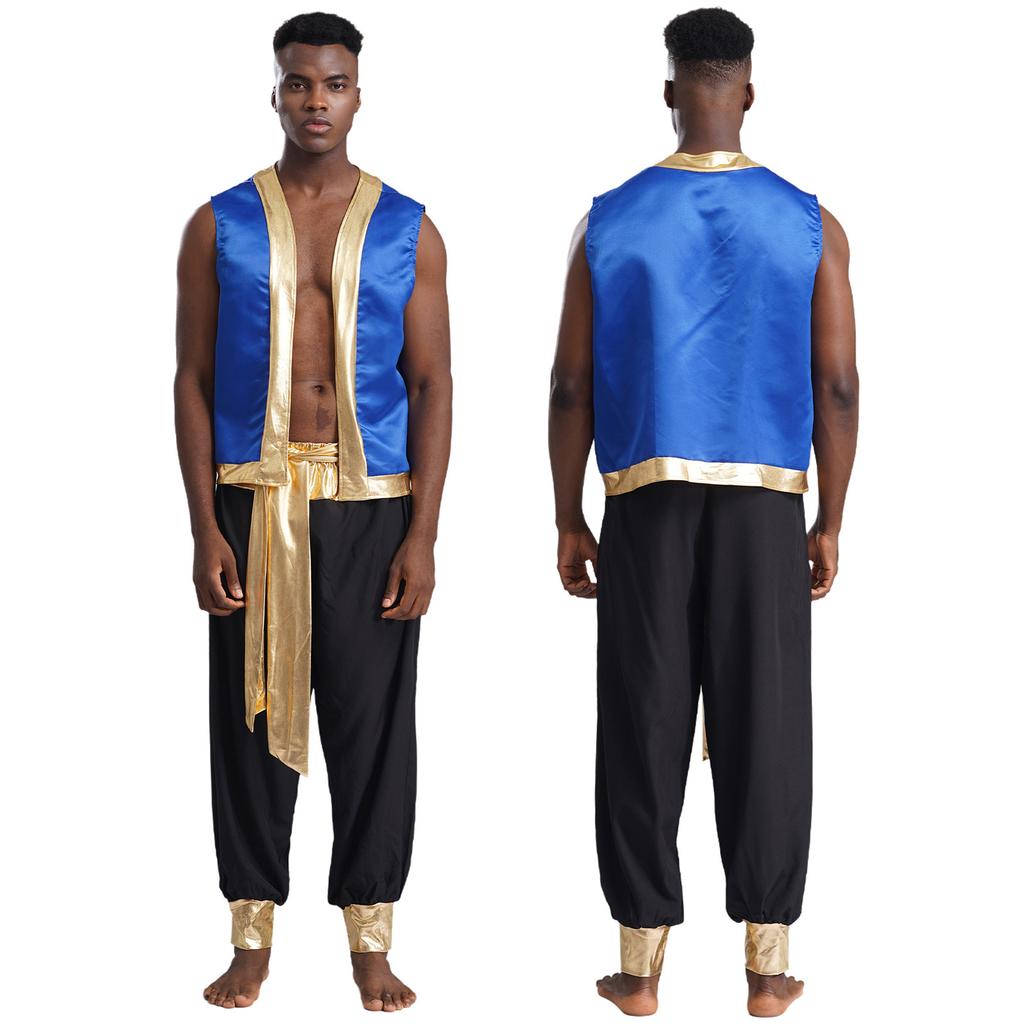 Halloween Arabian Prince Costume for Men M-3XL, 2Pc Metallic Shiny Vest with Open Front & Long Pants, Cosplay Theme Party