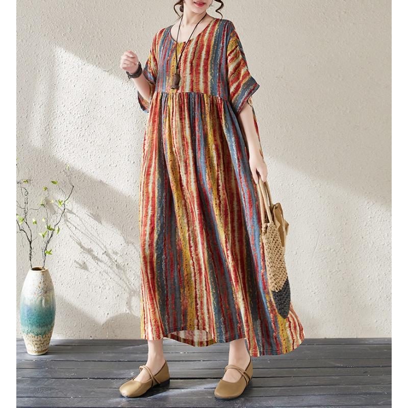Dimanaf Women Dress Summer Plus Size Beach Sundress Linen Bohemian Print Flowers Fashion Lady Vestidos Loose Casual Long Dress Oversize 9079