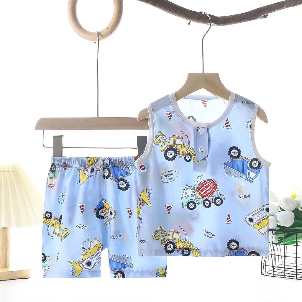Summer Kids Cotton Silk Vest And Shorts Set Boys Girls Breathable Pajamas Home Wear Two Piece Outfit For Baby