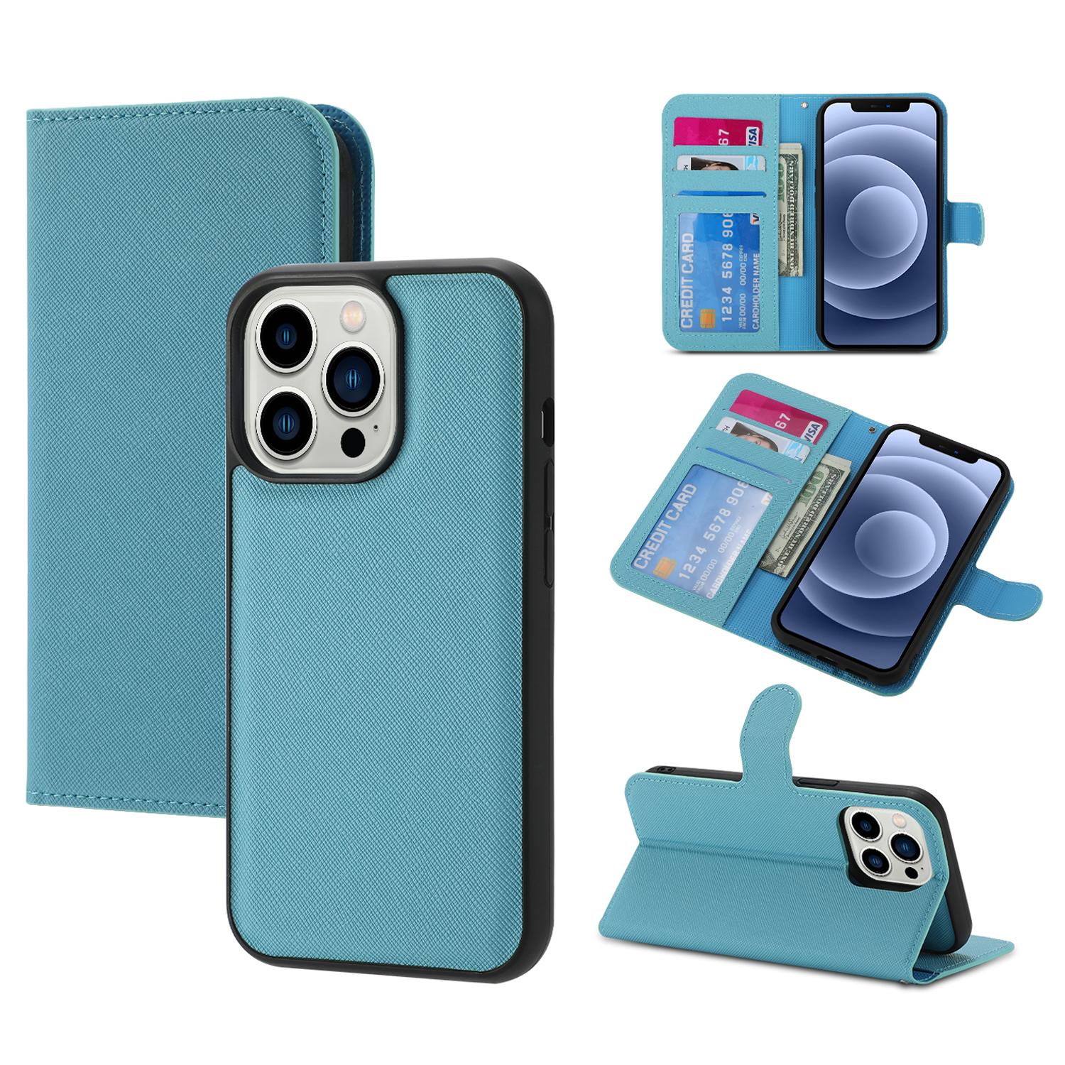 

Чехол для телефона из ПУ кожи с крестообразной текстурой для iPhone 15, 2-в-1, съемная откидная подставка-обложка Blue