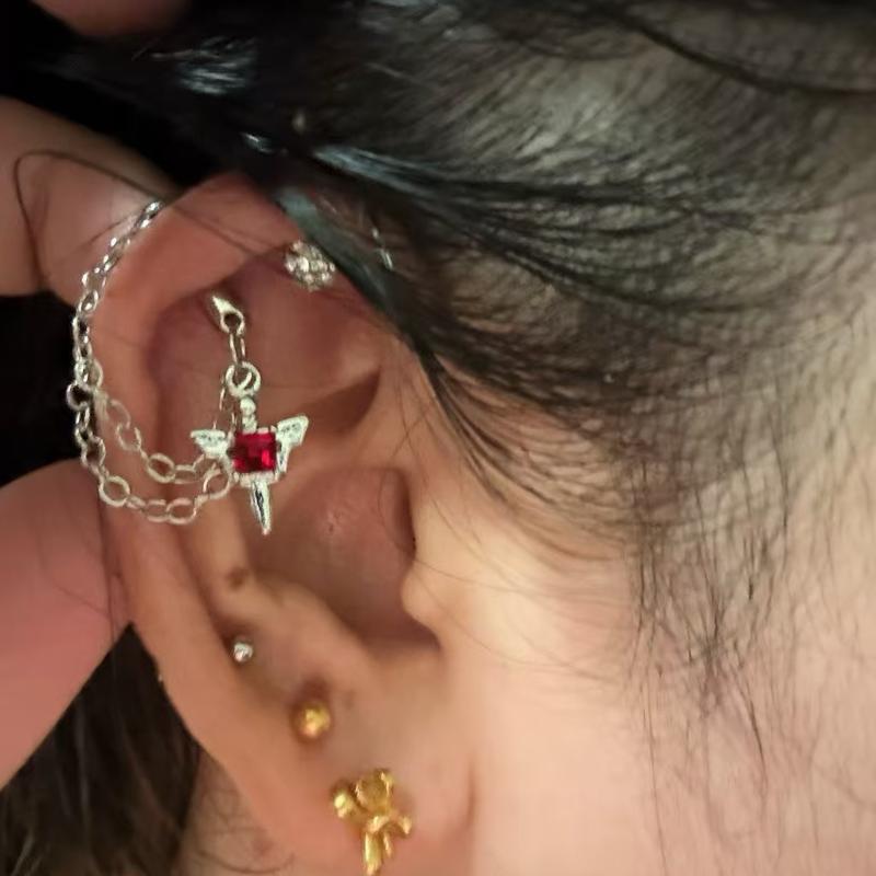 Red Zircon Wing Chain Piercing Earring For Women Men Gothic Silver Color Rivet Ear Bone Nail Earring Y2K Jewelry Accessories