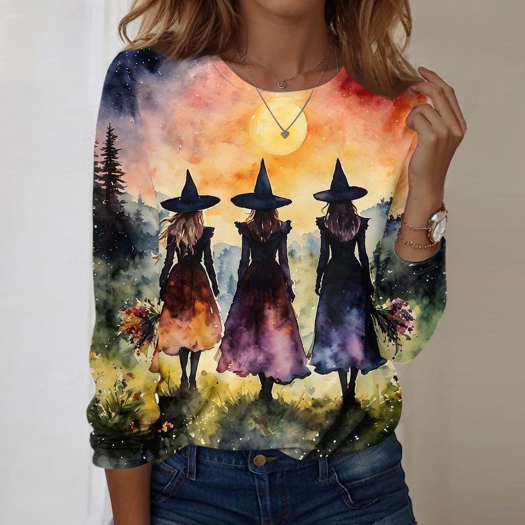 Women's Halloween Print Long Sleeve Neck Loose Fit Tunic Top for Fall Casual Outfits