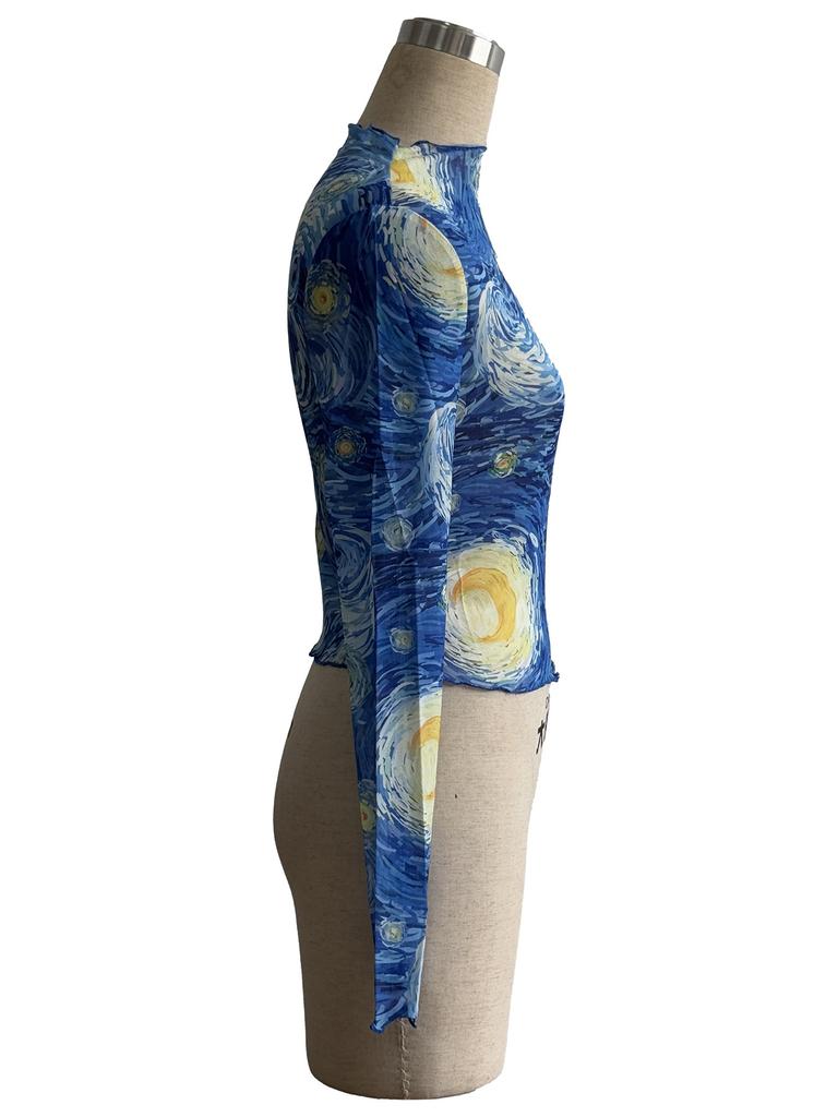 Frühling Damen Blau Print Stehkragen Sternenhimmel Netz Mini T-Shirt Top Damen Mode Täglich Basic Büro Dame Lässig Schlanke Passform Damen Elegantes Top