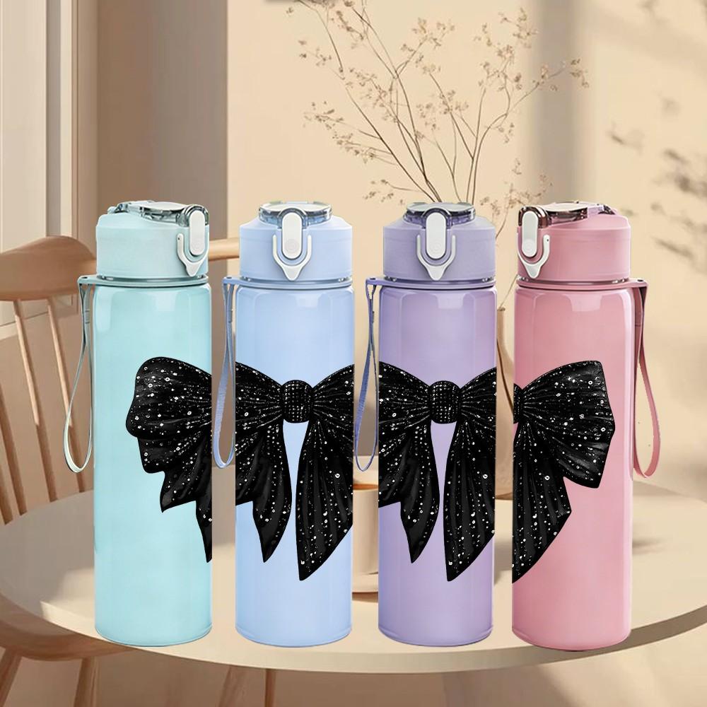 1PC Solid Black Satin Bow Decor Print 750ml Color Plastic Sports Water Bottle Leakproof Flip Straw Lid Suitable for Sports Office Home Use