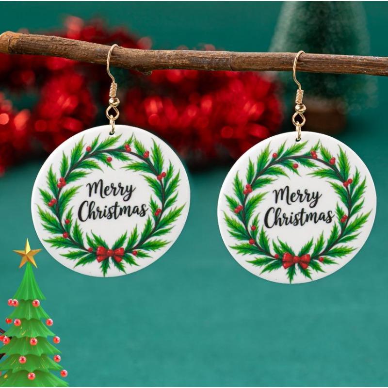 Creative flat Christmas green leaf theme round pendant earrings manufacturer earrings
