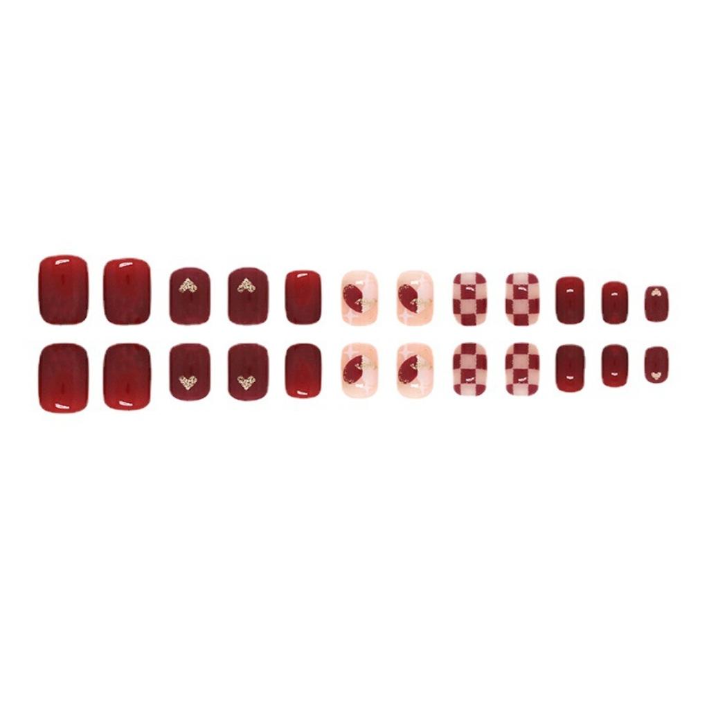 24Pcs Red Sweetheart White Checkerboard Press On Nails Removable Fake Nail Tips Art Acrylic Manicure