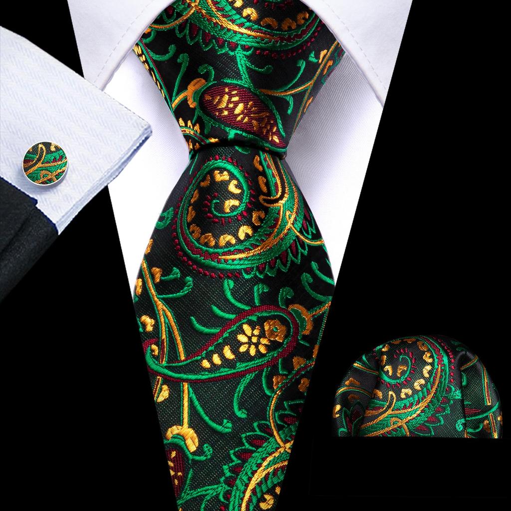 Barry.Wang Necktie Hankerchief Cufflinks Set Black Green Striped Jacquard Woven Wedding