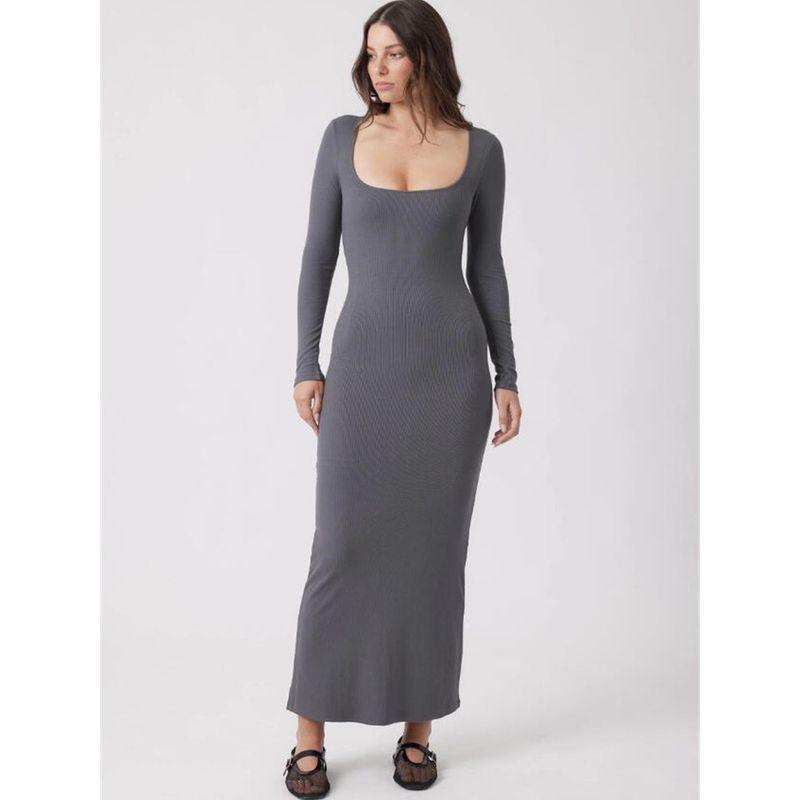 Foreign Trade Pure Yuan Single Tail Goods Exported To Australia Dej Women Slim Fit Slimming Knitted Sexy Square Collar Long Sleeve Dress