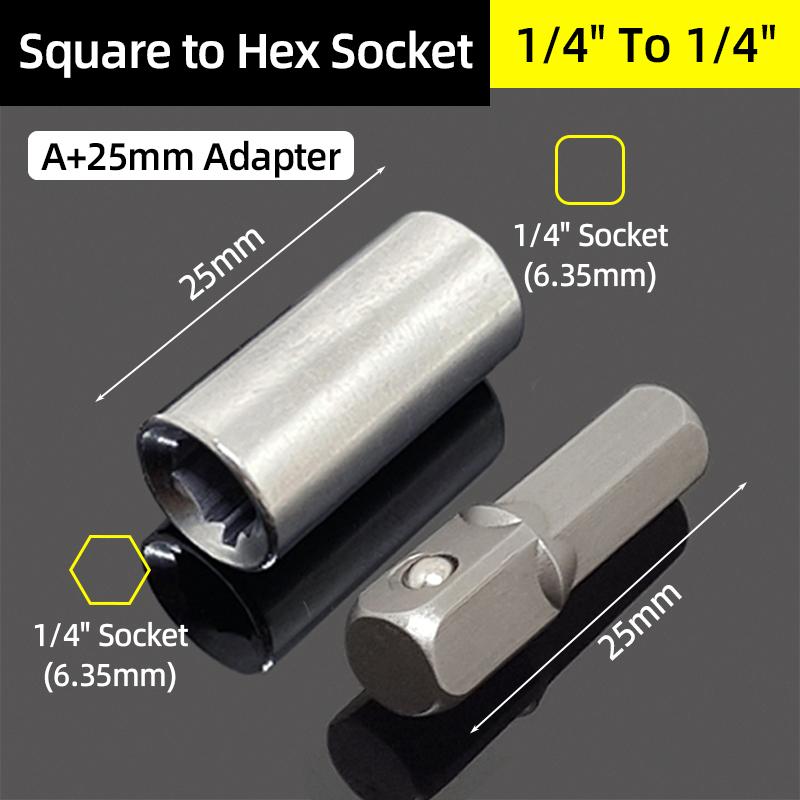 Socket Adapter Head 1/4 Inch Square Drive To 1/4 Hex Socket Adapter Converter Adapter Wrench Quick Change Hand Tool Accessorie