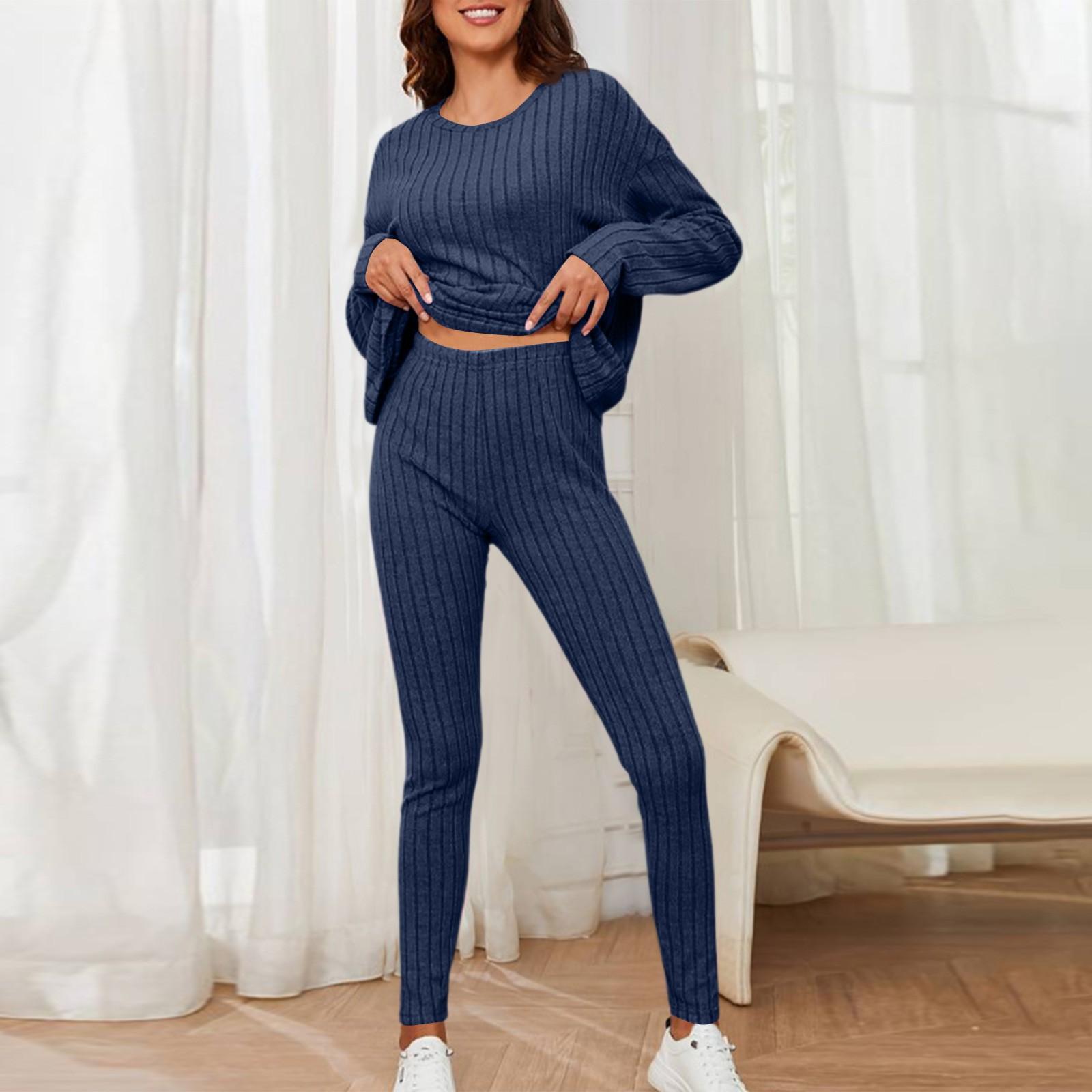 

Женский осенне-зимний модный повседневный темпераментный свободный трикотажный комплект из двух предметов с круглым вырезом в полоску M темно-синий