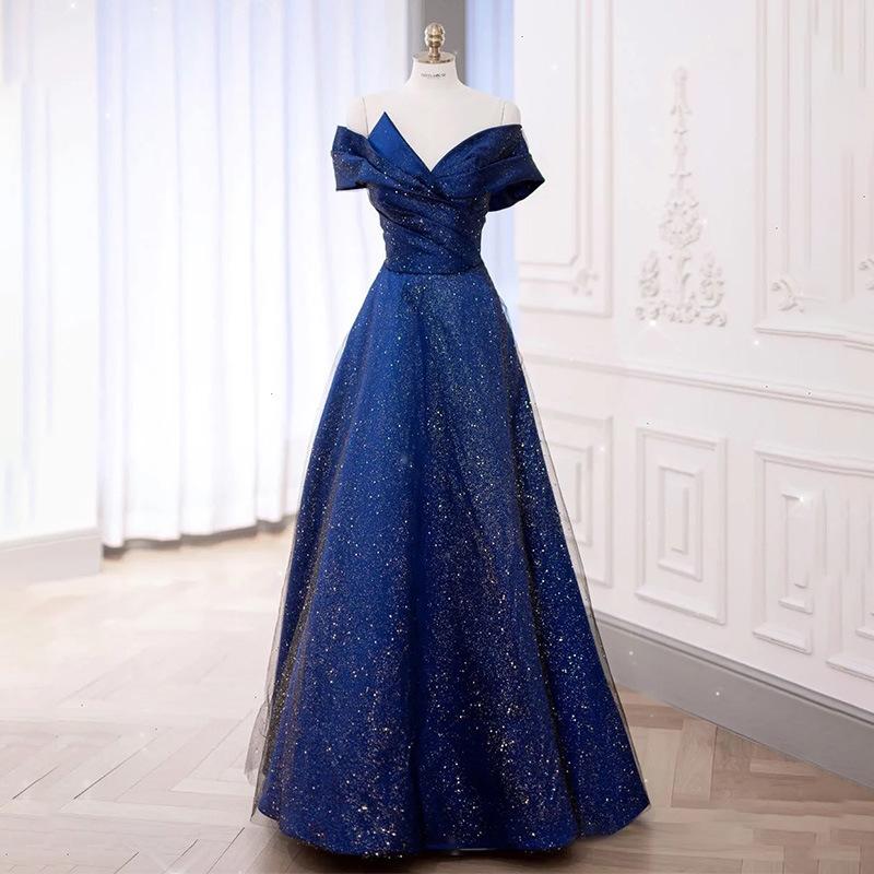 Chorus Costume Competition Dress Women's Blue Shoulder 1011 Fashion Temperament Elegant Evening Dress Summer