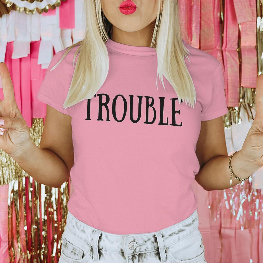 Valentines Day Tshirt Where I GoTrouble Print Funny Letter Graphic T Shirt Women Men Crewneck Y2K Tops Couple Matching Tshirt