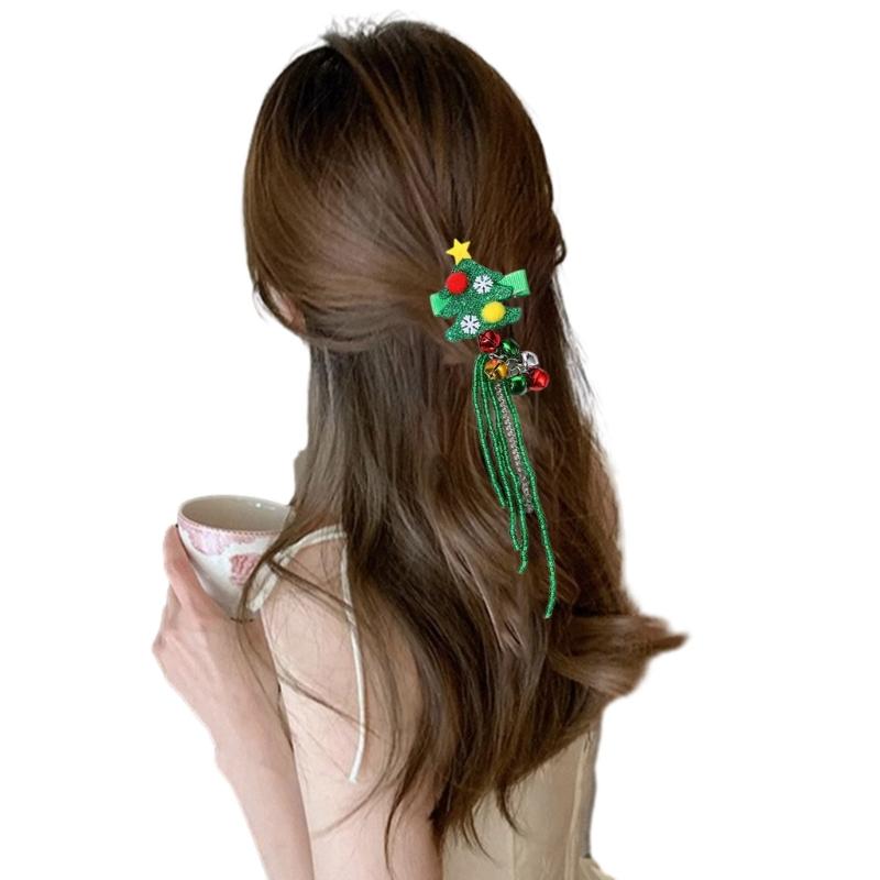 Festive Hair Clip for Kids Fringed Beads Hairclip Santa Hat/Christmas Tree Side Hairpin Women Christmas Hair Accessories