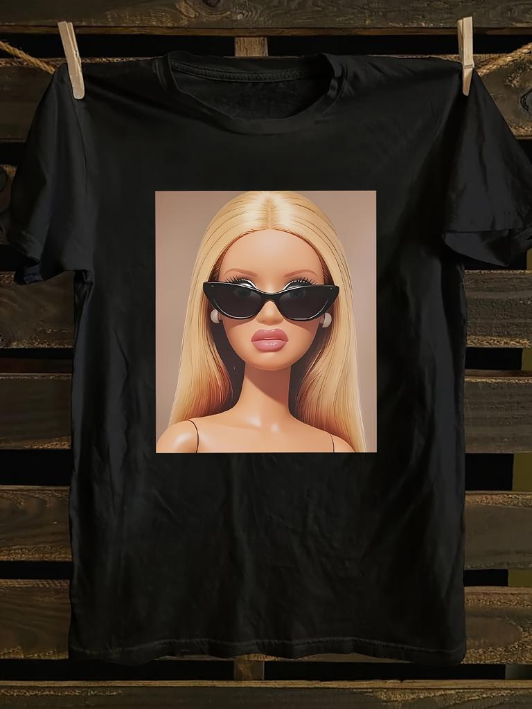 Sunglasses Doll Graphic Print T-Shirt Summer and Spring Short-Sleeved Crew Neck Casual Men Wome