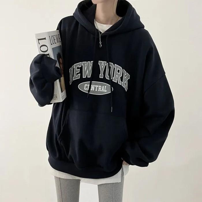 Fleece and thicker Korean version of niche casual hooded sweater women's ins lazy style design sense letter printing women's coat
