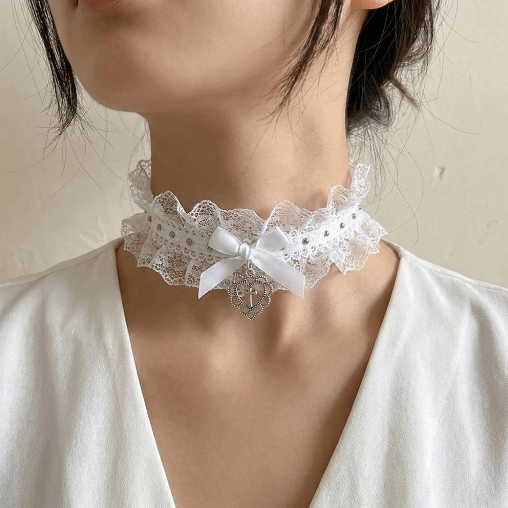 Love Heart Lolita Choker Y2K Cosplay Necklace Sweet Lace Necklace Anime Role Play