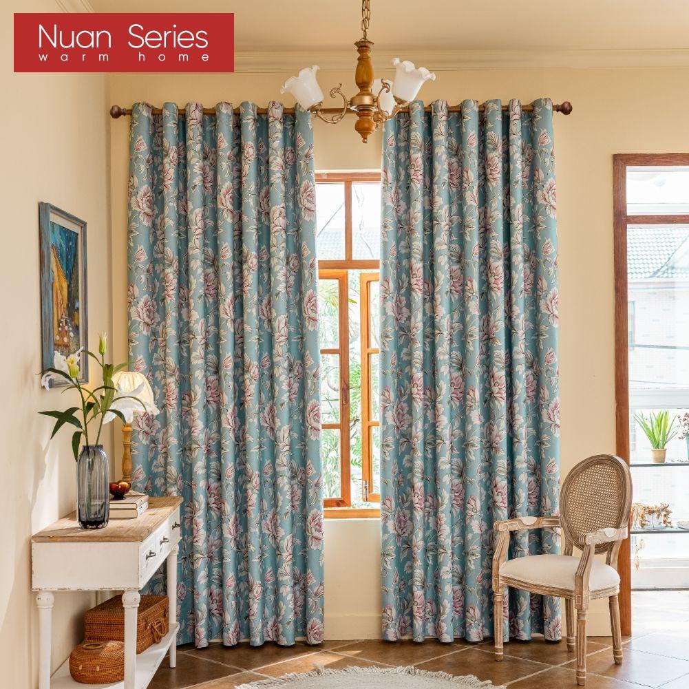 1PC Nuan Series American Countryside Style Peony Printed Blue Curtain Full Blackout Curtains for Bedroom Living Room Balcony Window for Home Decor
