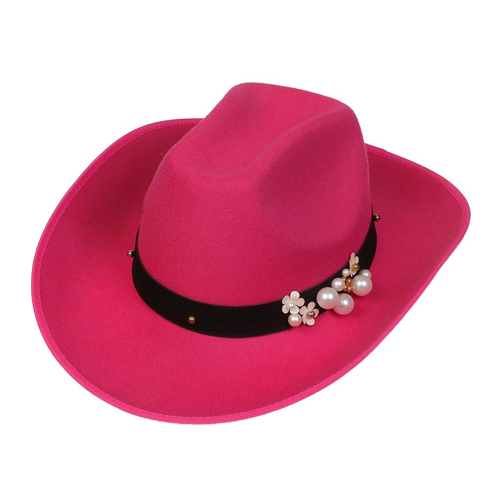 Unisex Western Cowboy Hat Wide Brim Roll‑Up Brim Double‑Top Felt Fedora Hat,10 Colors,Multiple Optional Detachable Hat Bands