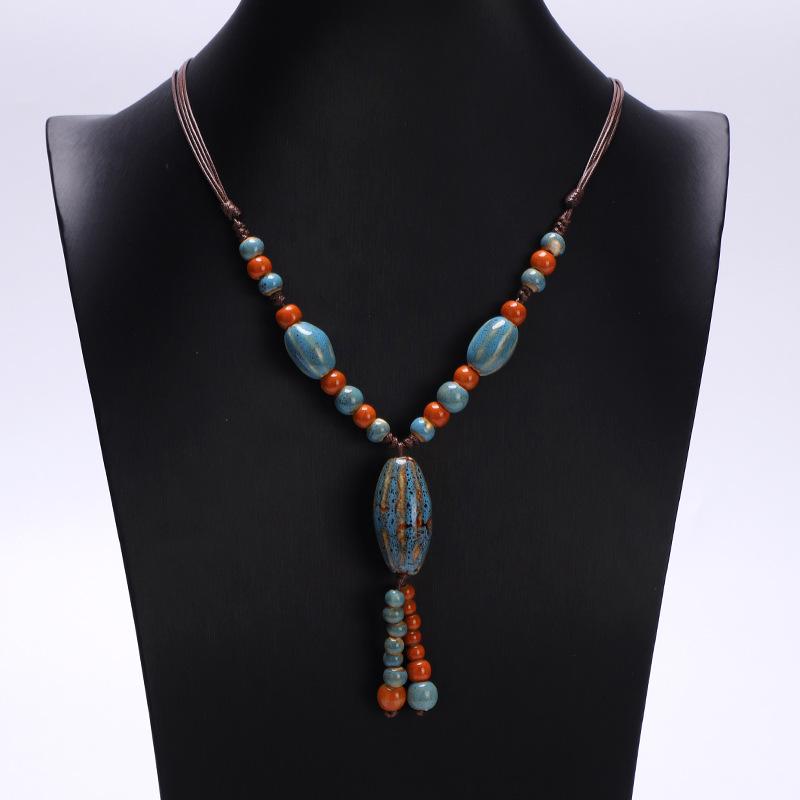 JMXD-ethnic Style Ceramic Necklace, Hand-woven Knotted Beaded Rope Chain, Non-fading Sweater Chain