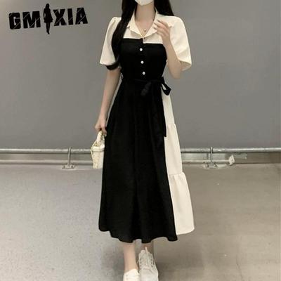Summer Spring Plus-size Color Contrast Mosaic Fake Two Shirt Dress Women's Summer Waist Slimming Long Skirt