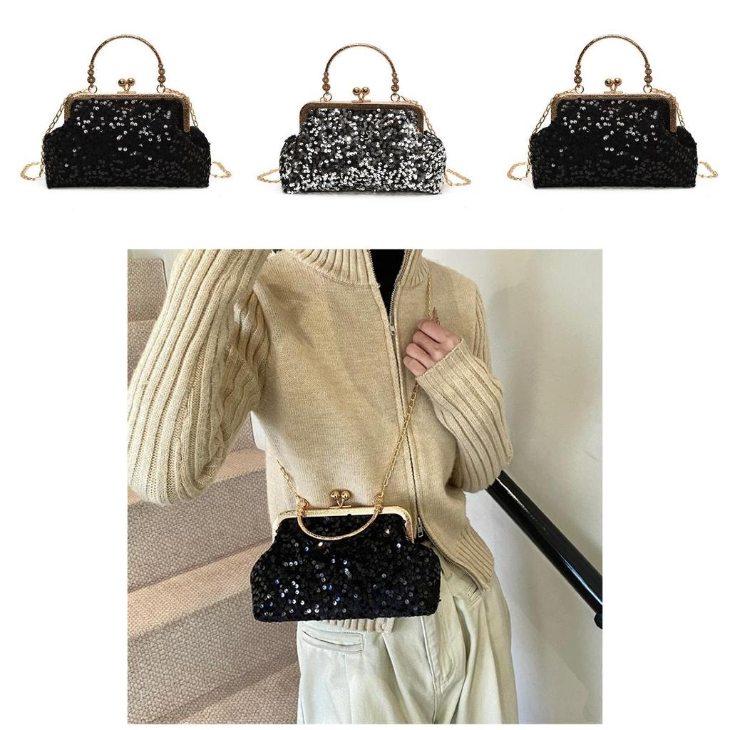 Sequin Evening Bag For Women With Chain Strap And Lock Closure For Party And Night Out