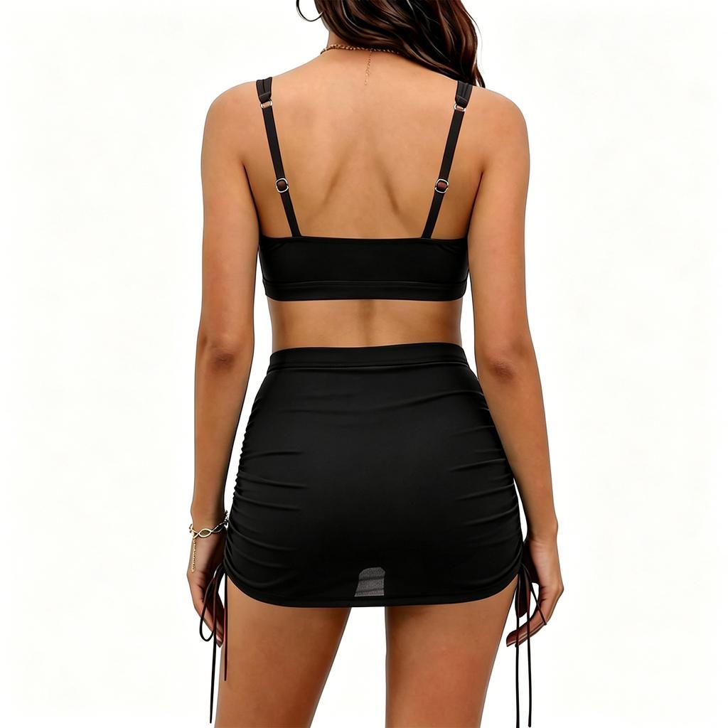 Womens Mesh Mini Skirt Two Piece Outfit Ruched Sheer Skirt And Crop Tank Top Set Summer Beachwear Y2K Style