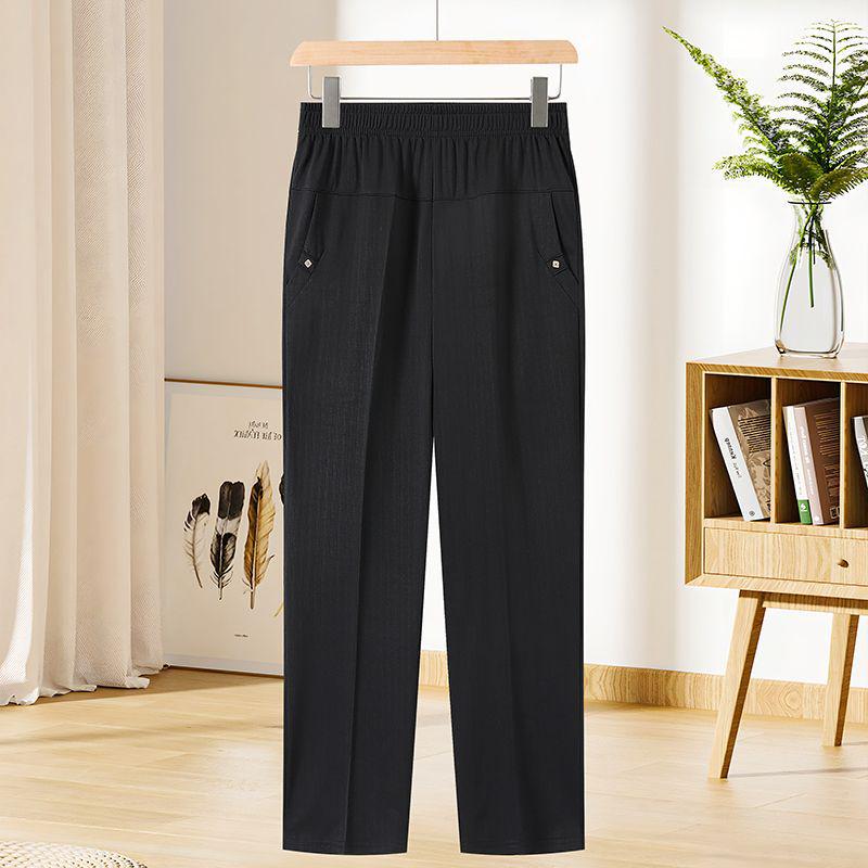 

Mom s Summer Casual Elastic Ice Silk High-Waisted Pants for Women – Mid-Aged & Elderly, Large Size, Loose Straight Leg, Nine-Point Length. XL for 85-105 lbs