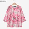 ZANZEA Women Casual Round Neck 3/4 Sleeve Loose Floral Blouse