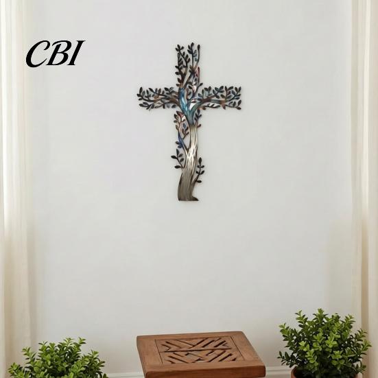 Farbverlauf Metallkunst Kreuz Wandkunst, Lebensbaum Hängende Kreuze Dekoration Dekoration, für Garten Wohnzimmer Schlafzimmer