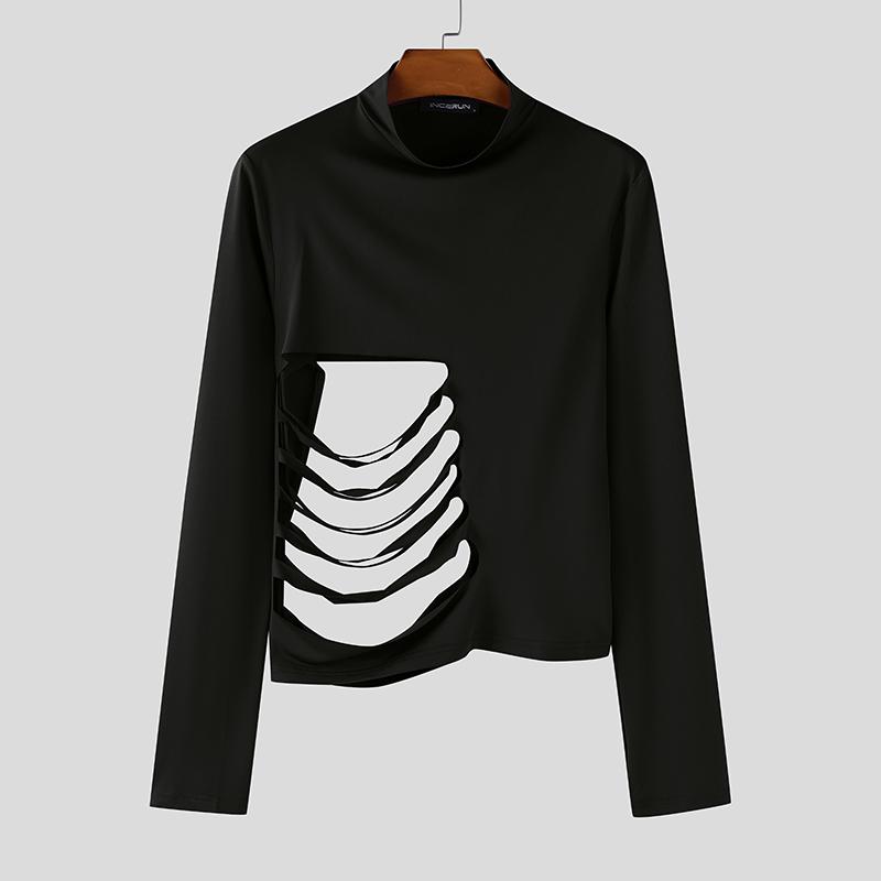 INCERUN Magliette intime casual aderenti a maniche lunghe con collo alto e cut-out con fasce da uomo
