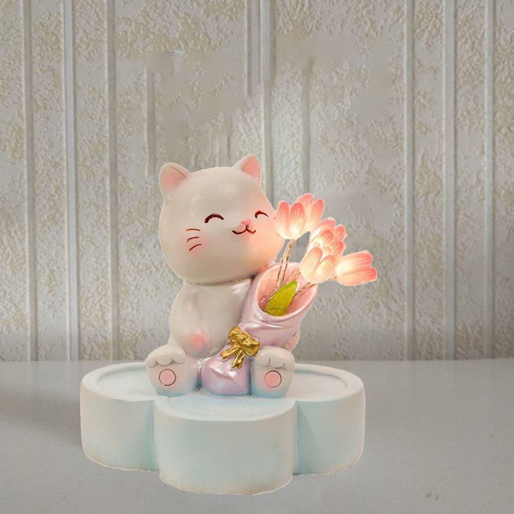 Kawaii Little Cat Tulip Night Light Cartoon Animal Bouquet Sculpture Bedroom