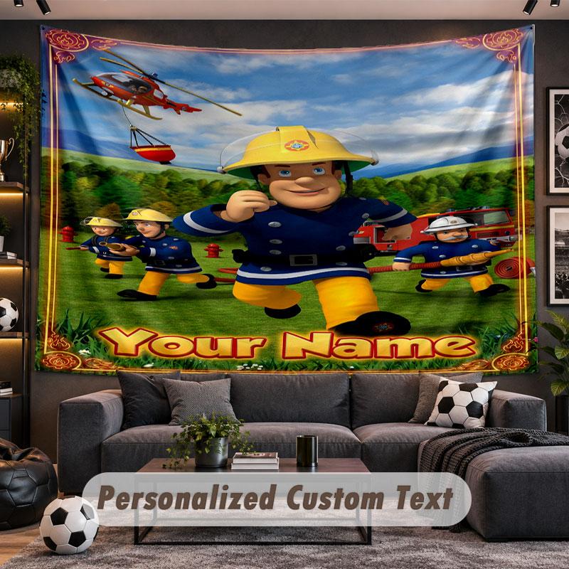 Wall Hanging Tapestry Custom NameFireman Sam Pattern Personalized Printed Fabric Wall Decor
