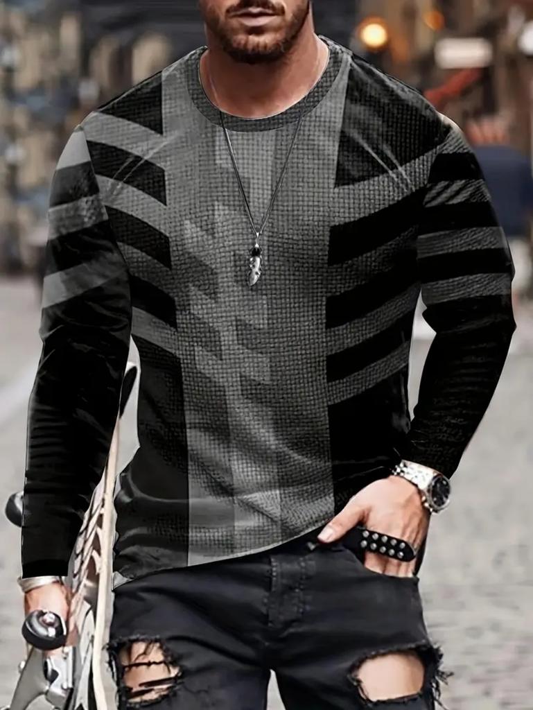 Vintage T-Shirt for Men Irregular Plaid Graphic T Shirts Round Neck Long Sleeve Tee Oversized Man Clothing Top Creative Clothing