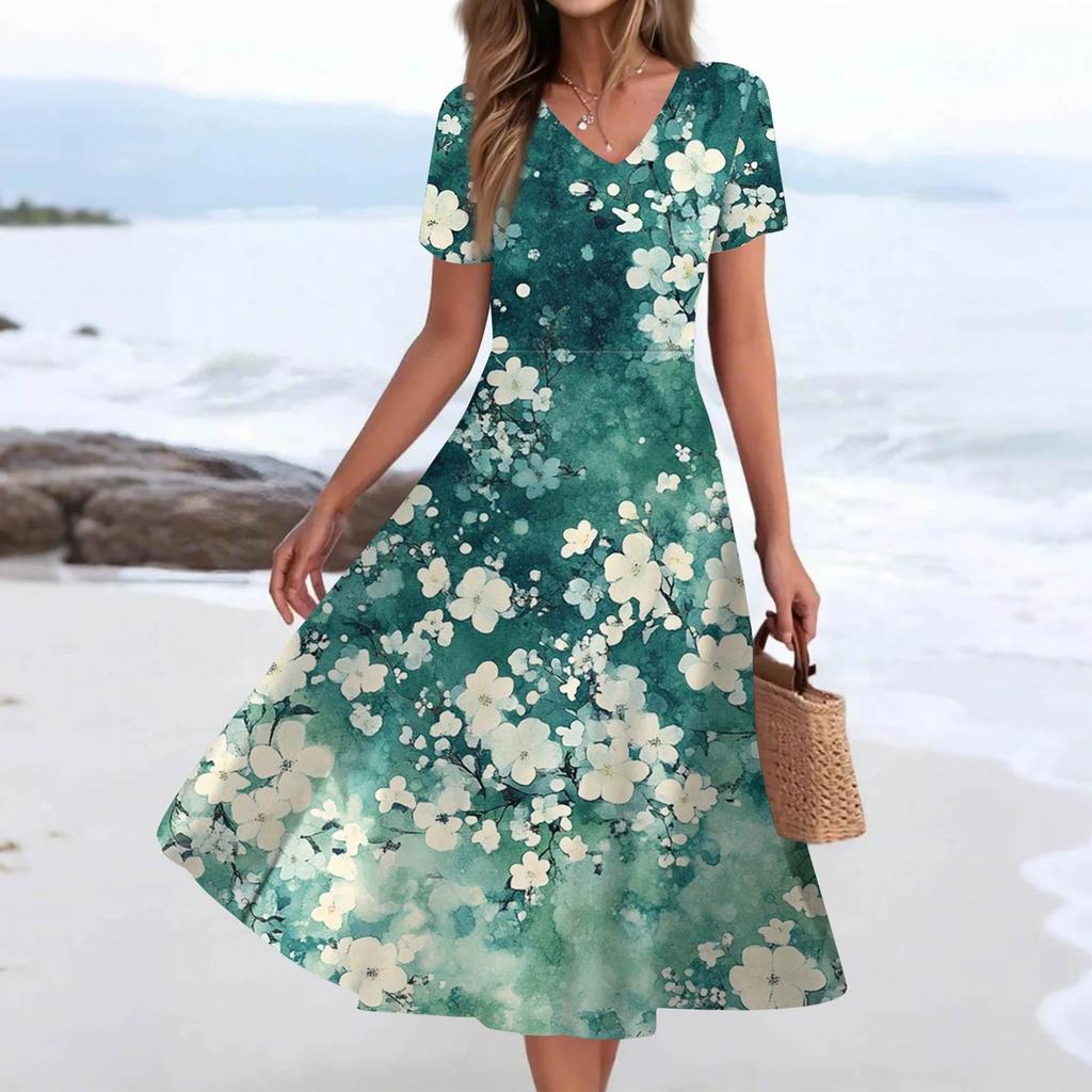 Women's Summer Casual Fashion Print Pocket Short Sleeve V-Neck Swing Dress