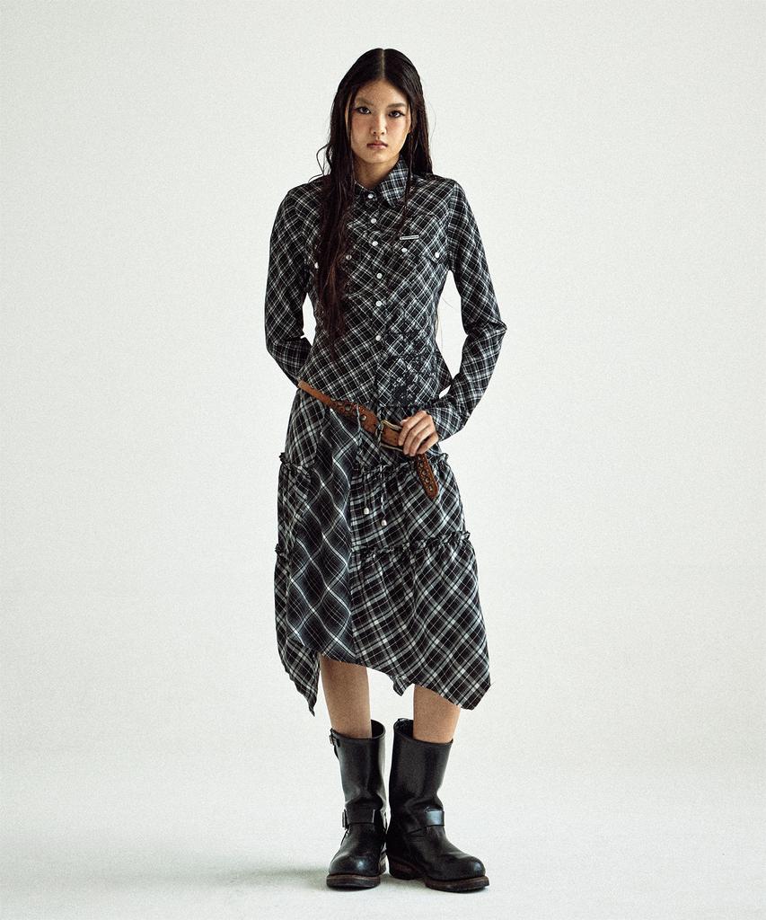 The Vinyl House Unbalance Layered Check Skirt (W) Black