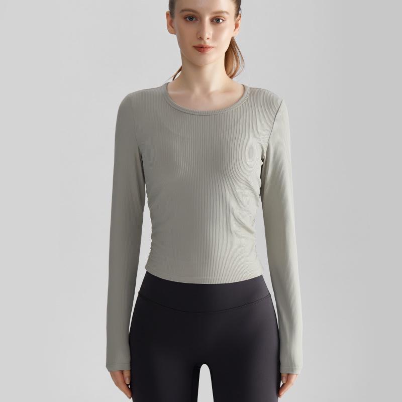 LAHN Women's Quick-Dry Long-Sleeve Sports Top, Breathable, Slim Fit, Side Pleats, Round Neck.