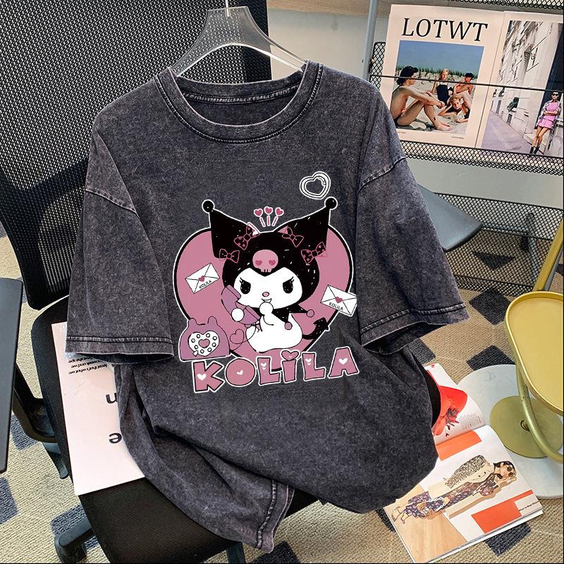 

Kuromi Women’s Distressed Cotton Short Sleeve T-shirt - Summer 2026 American Retro Street Style Student Top XL чёрный