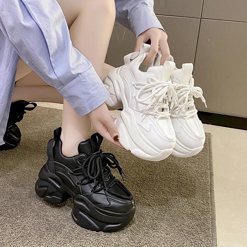 Fashion Women Chunky Leather Sneakers 7.5CM High Platform Ulzzang Sports Dad Shoes New 2024 Autumn Breathable Thick Bottom Casual Shoes