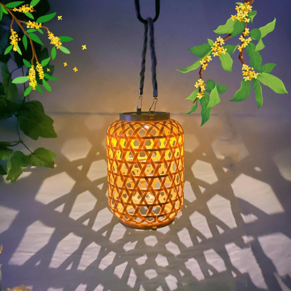 Outdoor Hanging Light with Handle Solar Rattan Lantern Waterproof Solar Powered Retro Pendant Light for Yard Patio Lawn Pathway
