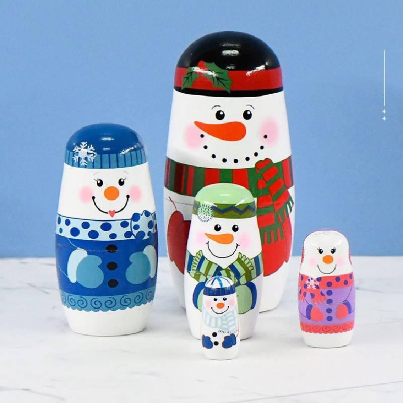 Matryoshka Wooden Snowman Doll Set Cartoon Home Decoration Christmas Toy Gifts