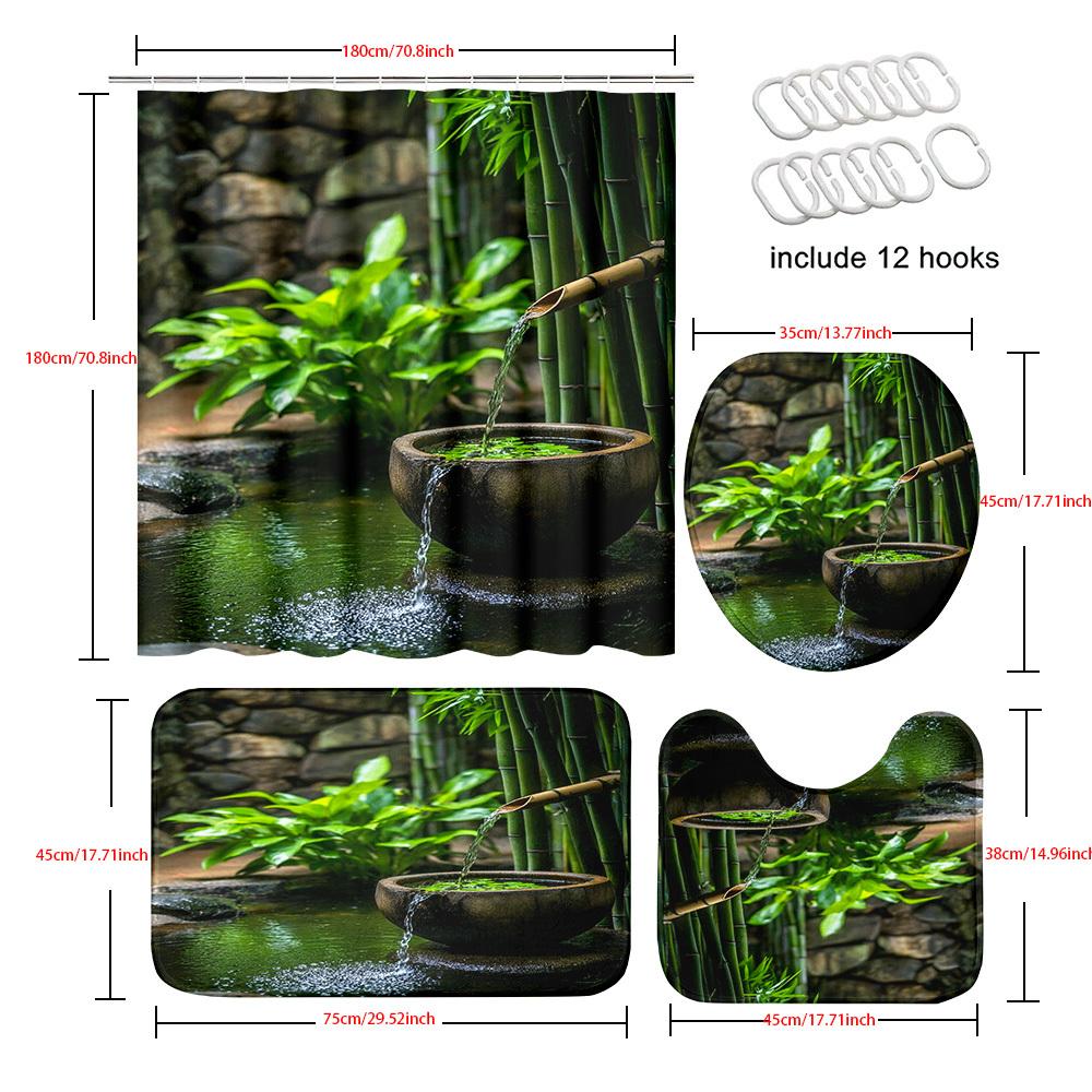 1/4pcs Bamboo Water Fountain Shower Curtain Set Zen Garden Nature Scenery Waterproof Fabric Bath Curtain with 12 Hooks Non Slip Rug and Toilet Cover